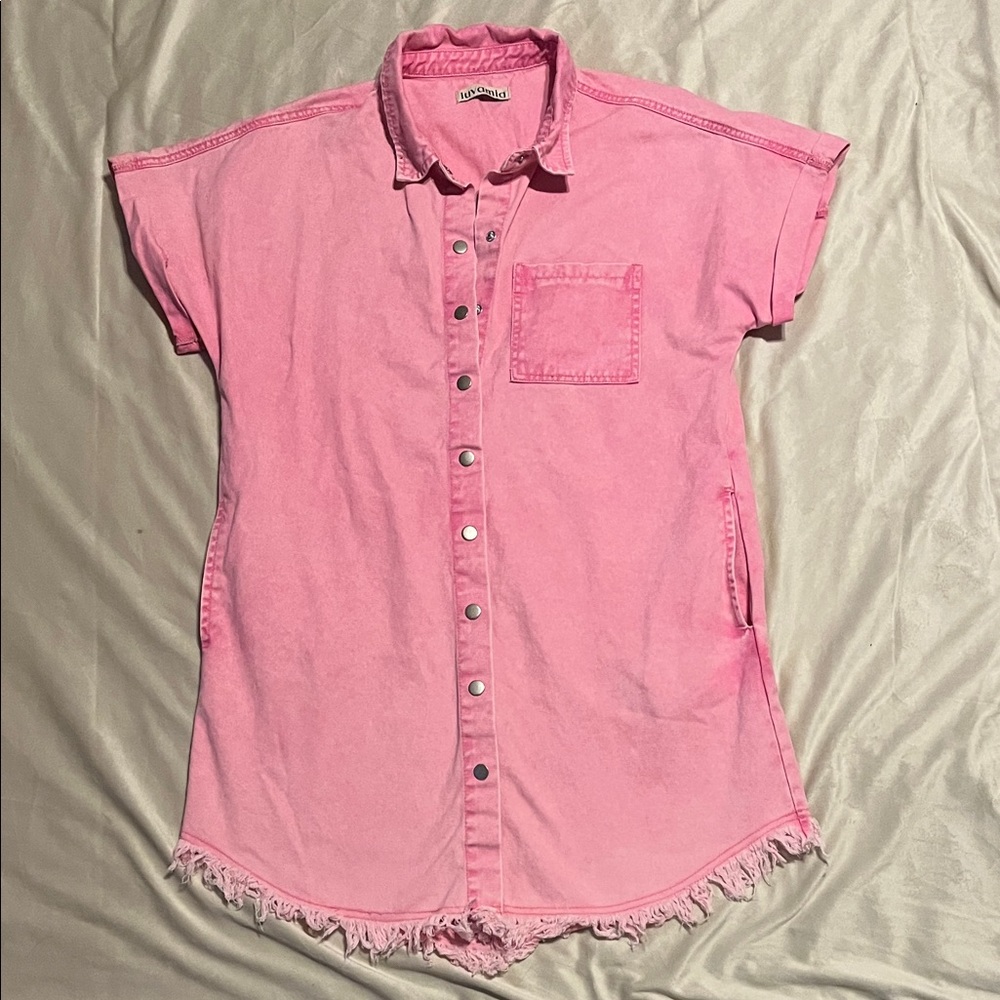 Pink Denim Button-Up Shirt Dress with pockets